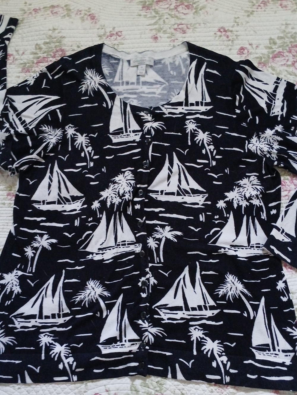 1X - Navy and White Sailboat Print Cardigan
